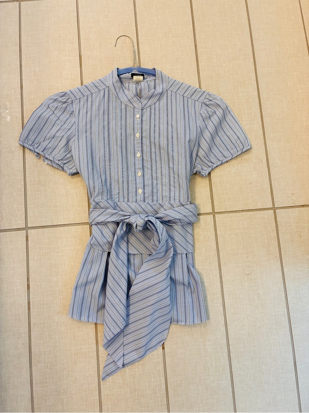 J. Crew Shirt Sleeve Blue Striped Tie-Waist Blouse 4
